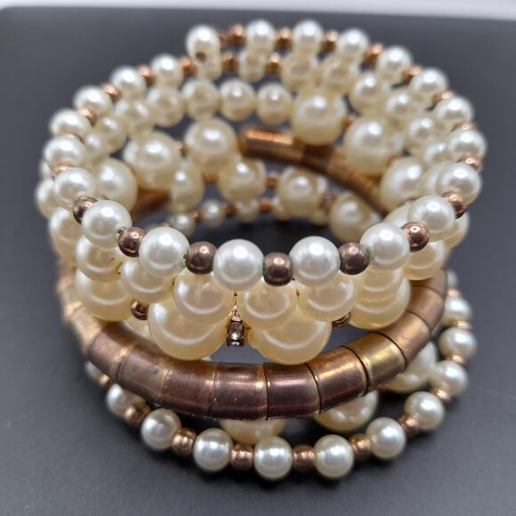 Vintage Memory Wire Faux Pearl Wide Brass Bead Bracelet, 44 Inches - Picture 3 of 10